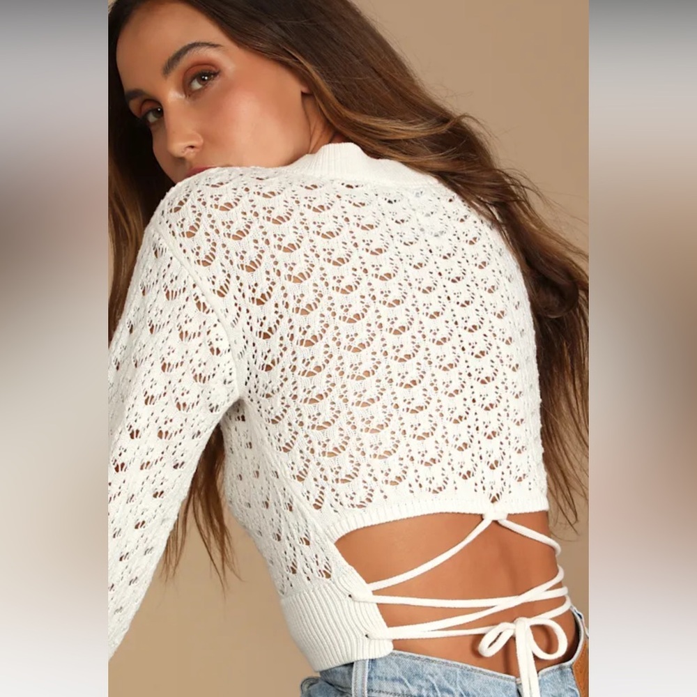 Lulu’s Always All Mine Ivory Lace-Up Cropped Pointelle Sweater